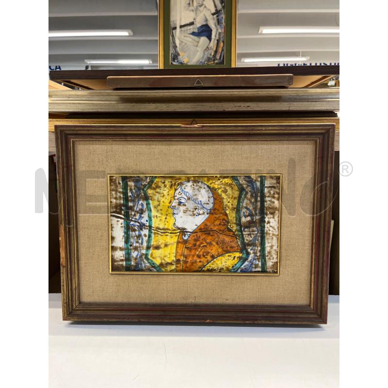 QUADRO MAIOLICA CASTELLI CERAMICA VOLTO UOMO ANTICA MISURE PIASTRELLA 22X18CM + CORNIC 48X36 | Mercatino dell'Usato Teramo 1