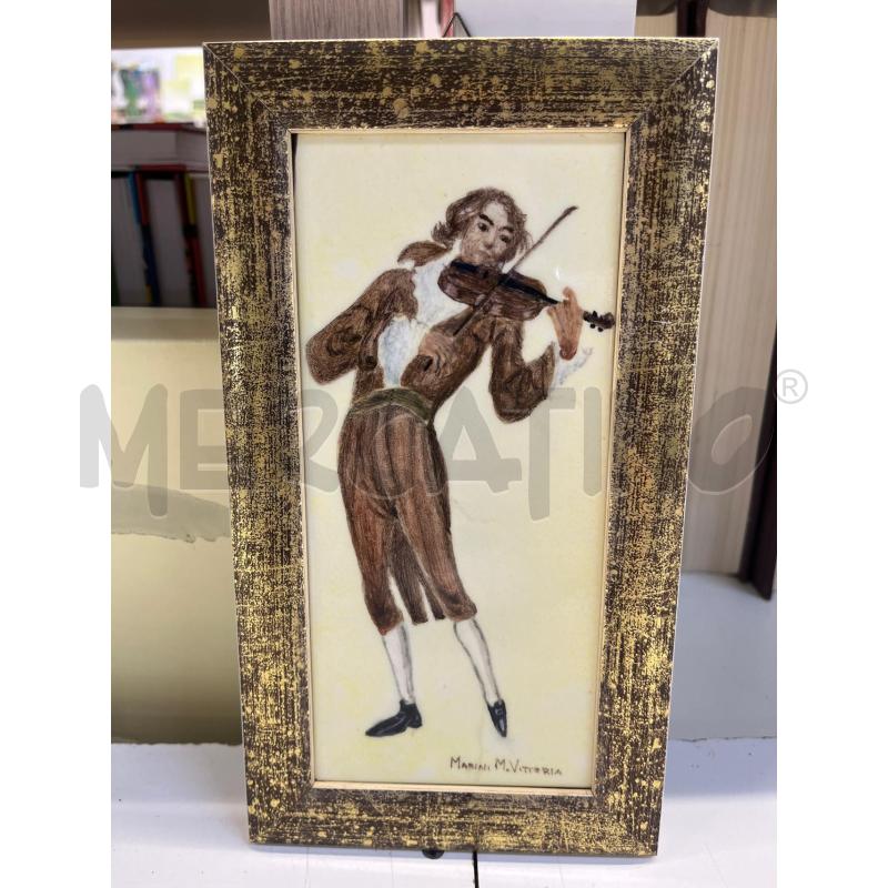 QUADRO MAIOLICA CERAMICA MARINI - VIOLINISTA RINASCIMENTALE + CORNICE LEGNO DORATA | Mercatino dell'Usato Teramo 1
