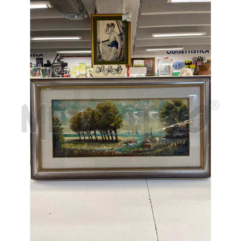 QUADRO OLIO CASETTA ULIVI E MONTAGNA + CORNICE LEGNO DORATA 63X52 | Mercatino dell'Usato Teramo 1