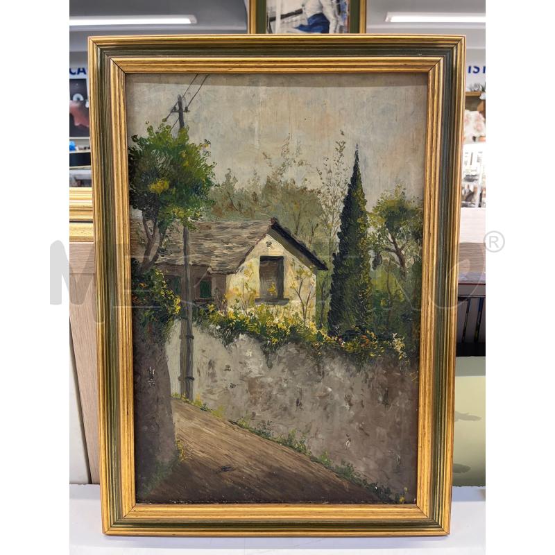 QUADRO OLIO SU MASONITE PAESAGGIO ALBERI CIPRESSO E CASETTA + CORNICE LEGNO VERDE DORATA 42X58 | Mercatino dell'Usato Teramo 1