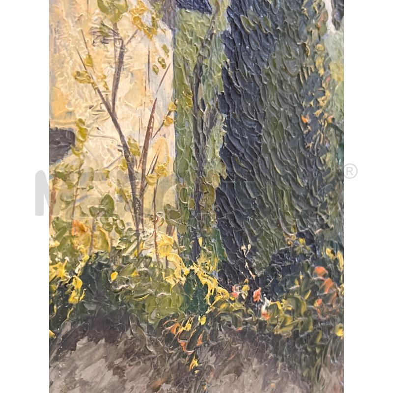 QUADRO OLIO SU MASONITE PAESAGGIO ALBERI CIPRESSO E CASETTA + CORNICE LEGNO VERDE DORATA 42X58 | Mercatino dell'Usato Teramo 2