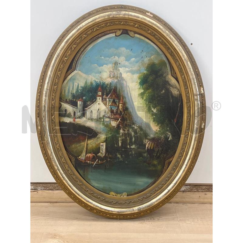 QUADRO OLIO SU METALLO OVALE EPOCA CASTELLO E PAESAGGIO MONTAGNA INTARSI MADREPERLA + INTARSI + CORN | Mercatino dell'Usato Teramo 1