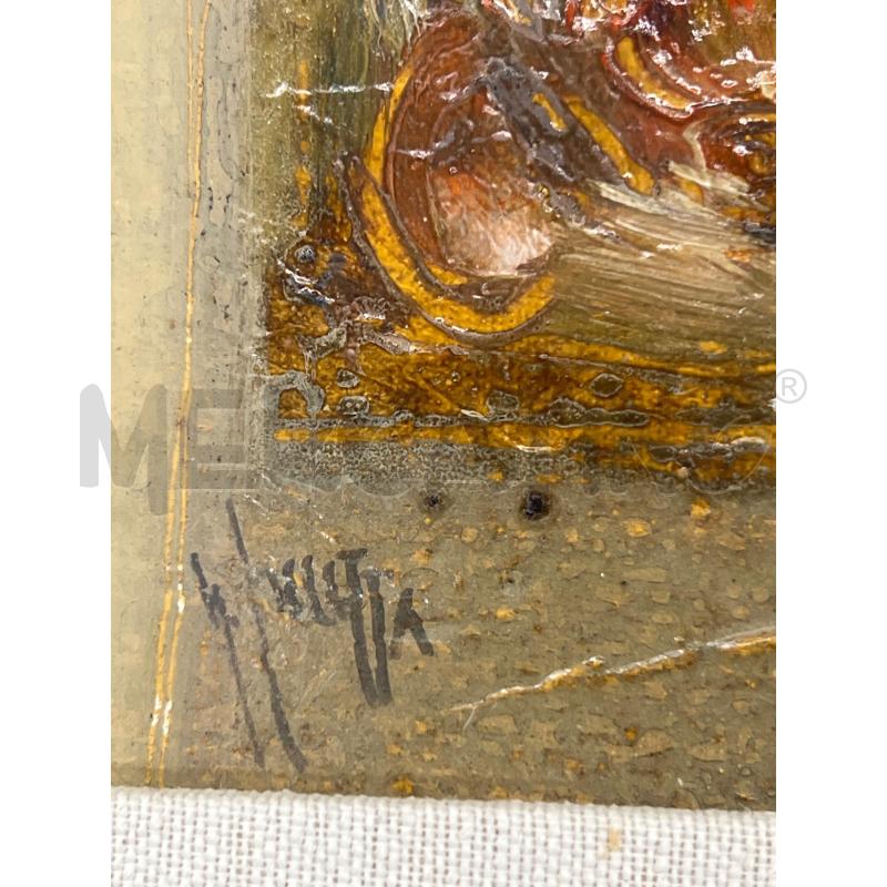 QUADRO OLIO SU TELA ASTRATTO TONI BEIGE - PERSONAGGI E SOLE + CORNCIE LEGNO 45X40 | Mercatino dell'Usato Teramo 2