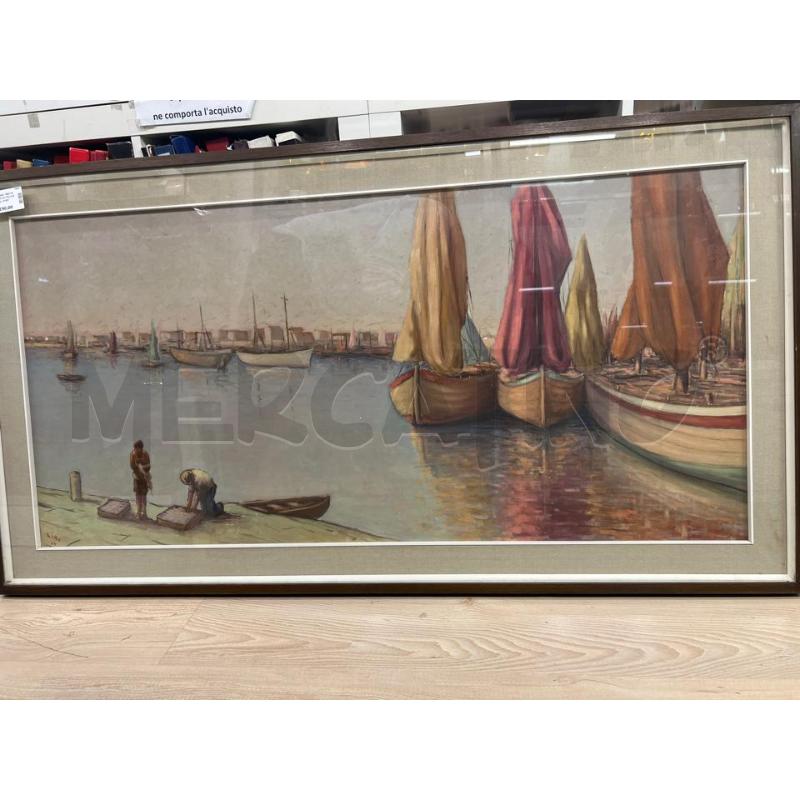 QUADRO OLIO SU TELA BARCHETTE AL PORTO . FIRMATO LIRE - 1965 - 70X130 | Mercatino dell'Usato Teramo 1
