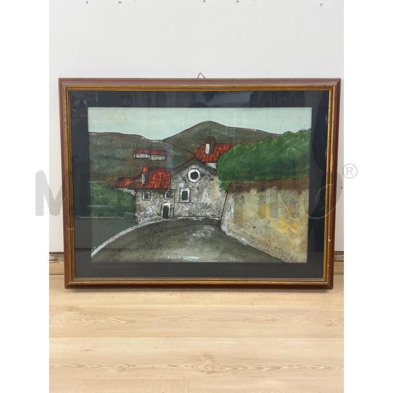 QUADRO OLIO SU TELA CASE BIANCHE TETTI ROSSI IN COLLINA 50X70+ CORNICE ROSSA DORATA | Mercatino dell'Usato Teramo 1