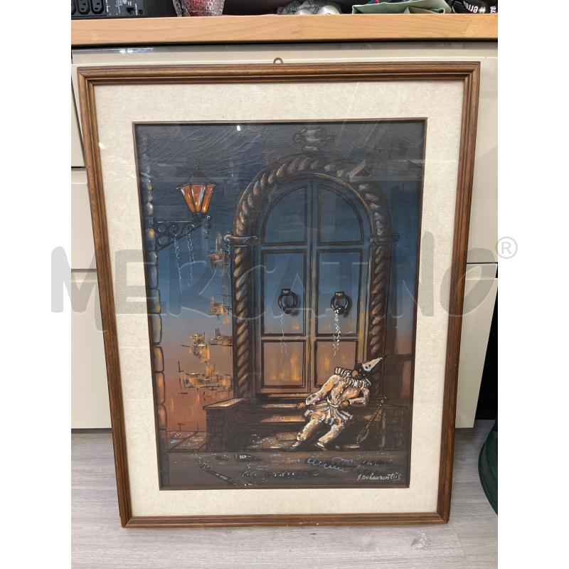 QUADRO OLIO SU TELA G. DE LAURENTIIS RAFFIGURANTE PULCINELLA UBRIACO SVENUTO SULLE SCALE 50X70 | Mercatino dell'Usato Teramo 1