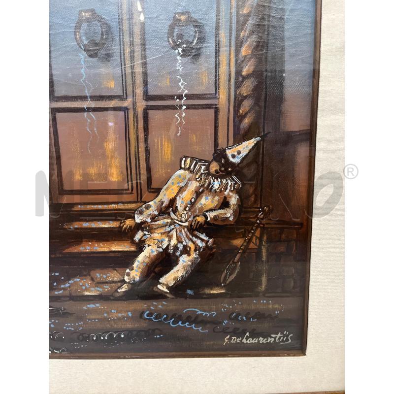 QUADRO OLIO SU TELA G. DE LAURENTIIS RAFFIGURANTE PULCINELLA UBRIACO SVENUTO SULLE SCALE 50X70 | Mercatino dell'Usato Teramo 2