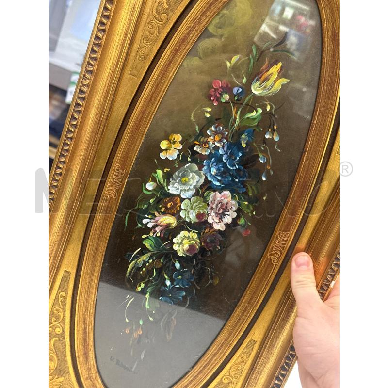 QUADRO OLIO SU TELA OVALE FIORI + CORNICE IMPORANTE INCISIONI DORATA  | Mercatino dell'Usato Teramo 2