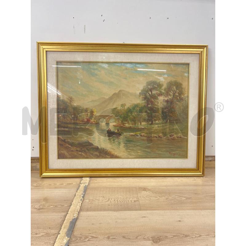 QUADRO PAEAGGIO OLIO SU TELA FIUME CON REMATORI | Mercatino dell'Usato Teramo 1