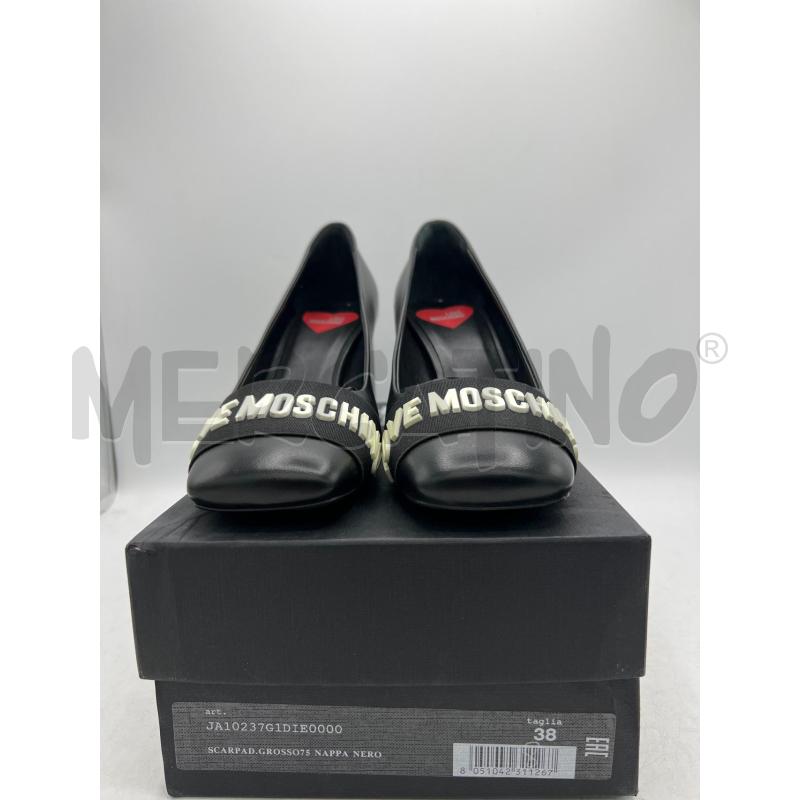 SCARPE TACCHI LOVE MOSCHINO NERE FASCIA SCRITTA BIANCA TACCO BASSO | Mercatino dell'Usato Teramo 1