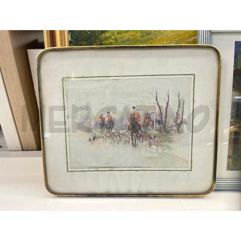 STAMPA EPOCA SCENA CACCIA INGLESE UOMINI A CAVALLO + CORNICETTA METALLO DORATA 32X27 | Mercatino dell'Usato Teramo 1