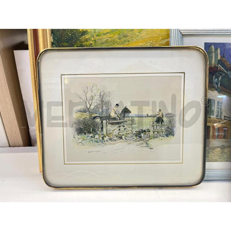 STAMPA EPOCA SCENA GIOCO POLO CAVALLO + CORNICETTA METALLO DORATA 32X27 | Mercatino dell'Usato Teramo 1