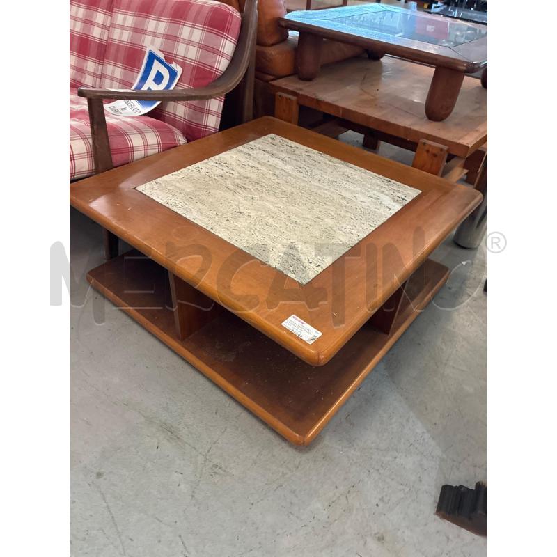 TAVOLINO SALOTTO LEGNO QUADRATO - INCLUSIONE MARMO TRAVERTINO | Mercatino dell'Usato Teramo 1