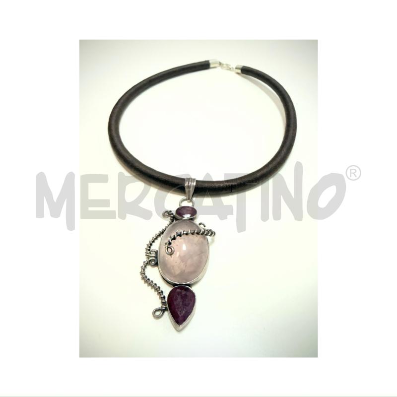 COLLANA MARRONE CORDONE CON CIONDOLO AMETISTA ROSA | Mercatino dell'Usato Rovereto 2