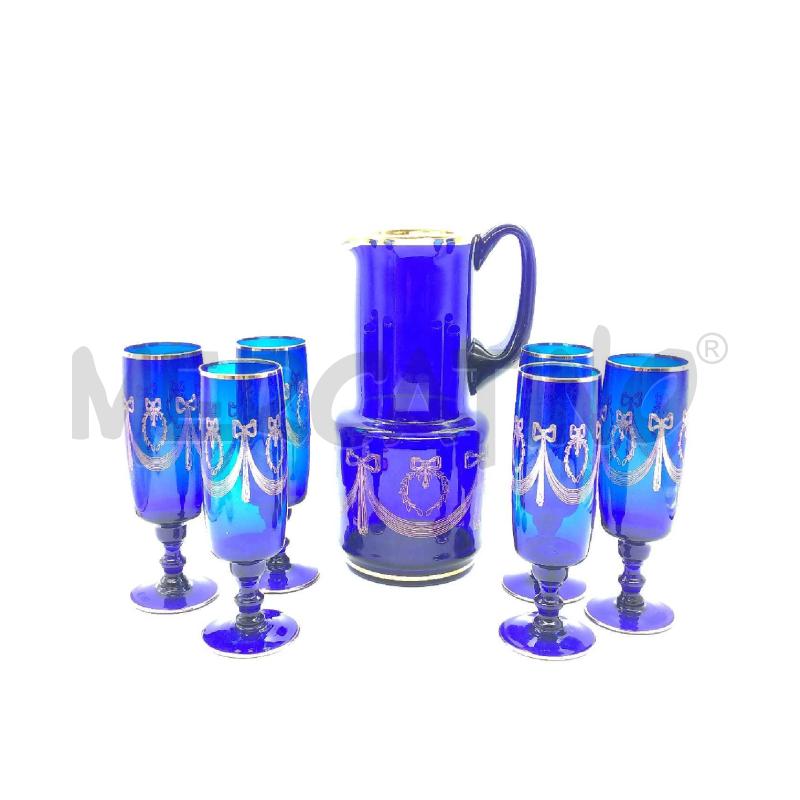 BICCHIERI PZ. 6 SOFFIATI BLU + BROCCA BORDO ORO  | Mercatino dell'Usato Moncalieri bengasi 1