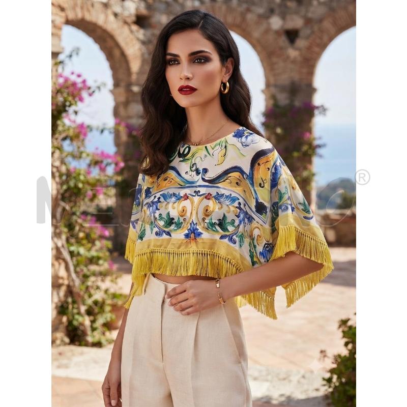 BLUSA DONNA DOLCE E GABBANA CORTA BIANCA CON STAMPA FANTASIA E FRANGE GIALLE IN MISTOSETA | Mercatino dell'Usato Moncalieri bengasi 1