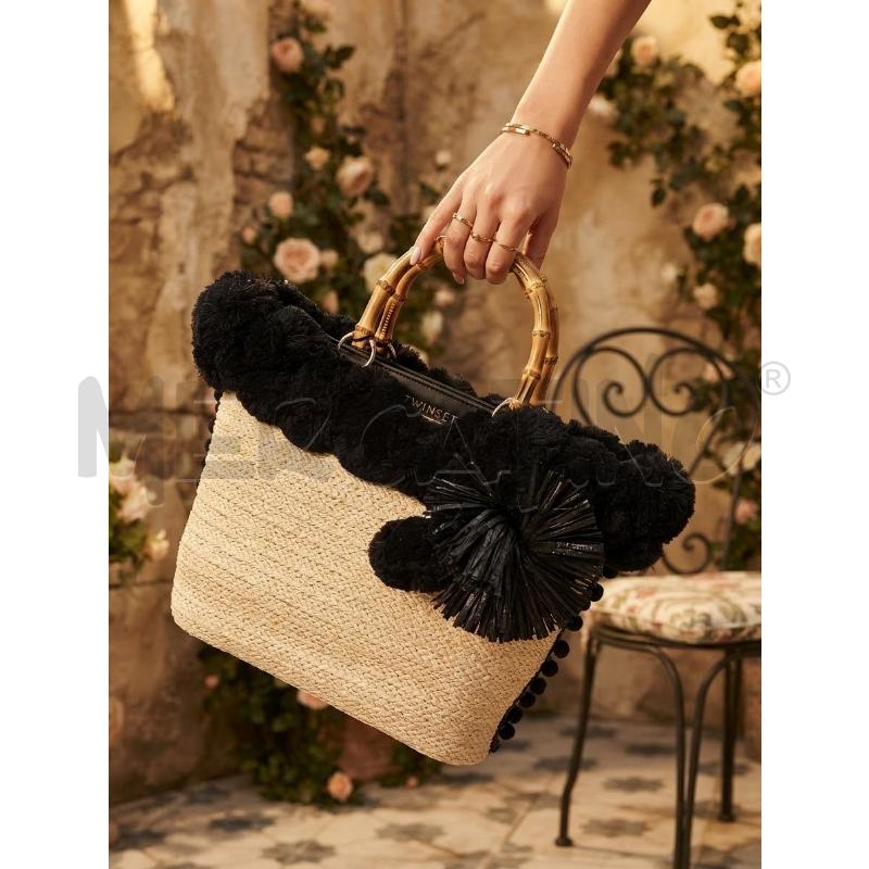 BORSA DONNA TWIN SET BEIGE NERA CON PON PON MANICI BAMBU'  | Mercatino dell'Usato Moncalieri bengasi 1