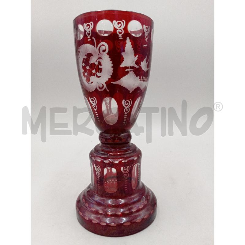 CALICE VETRO SINGOLO STILE BOHEMIA COLORAZIONE ROSSA E LAVORAZIONE PAESAGGIO C/VOLATILI  | Mercatino dell'Usato Moncalieri bengasi 1