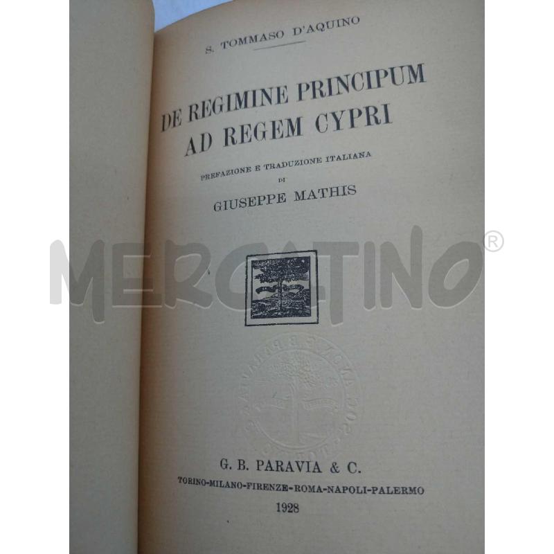 DE REGIMINE PRINCIPUM AD REGEM CYPRI 1928 PARAVIA  | Mercatino dell'Usato Moncalieri bengasi 4