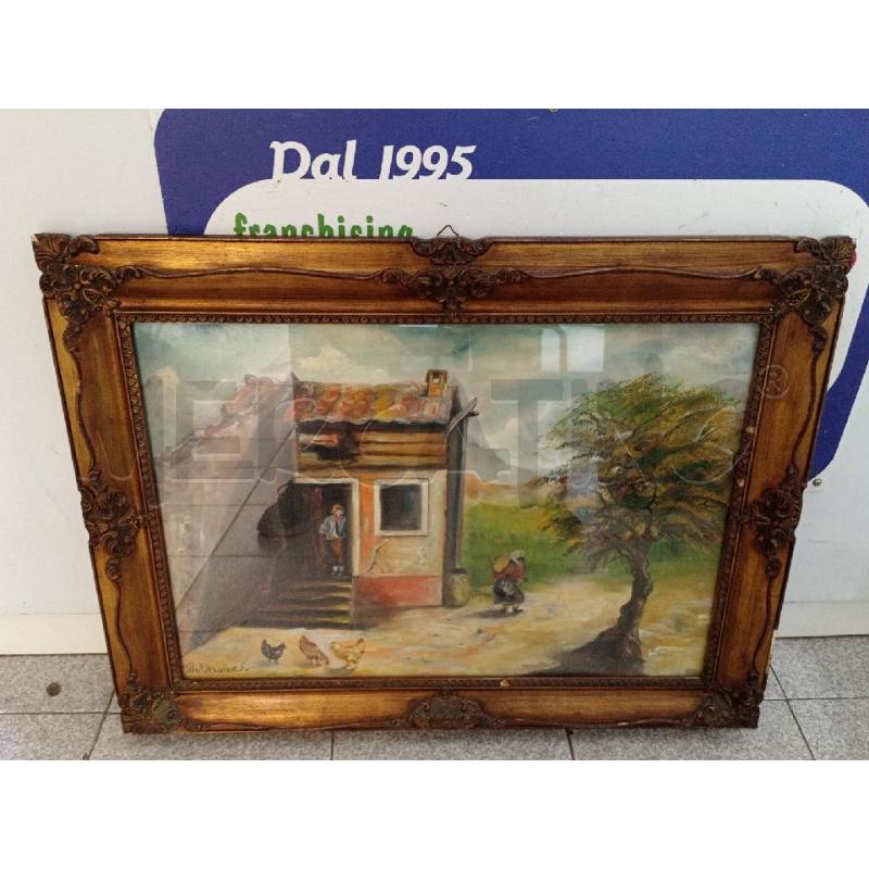 DIPINTO VECCHIO OLIO S/TELA ARTISTA BELTRAME LEONIDA VISTA CASEOLARE E PERSONAGGI C/GALLINELLE  | Mercatino dell'Usato Moncalieri bengasi 1