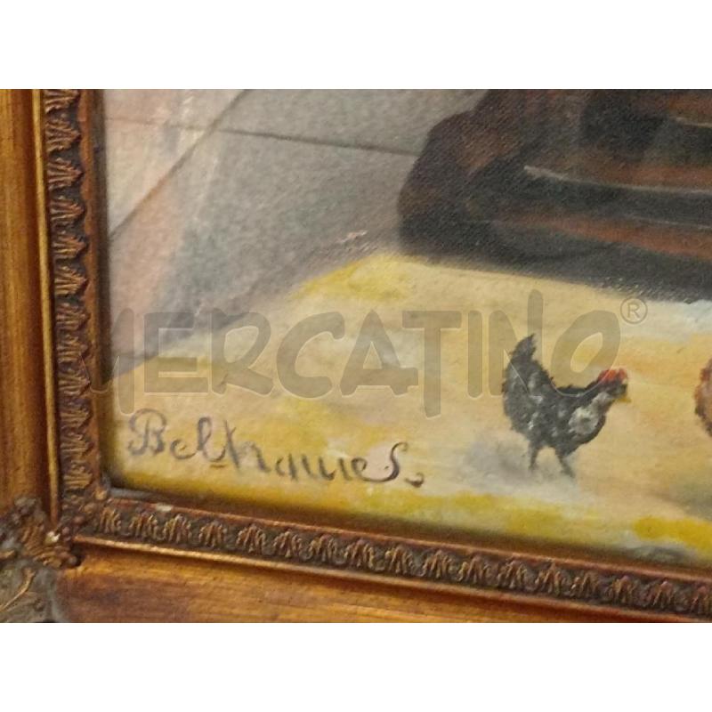 DIPINTO VECCHIO OLIO S/TELA ARTISTA BELTRAME LEONIDA VISTA CASEOLARE E PERSONAGGI C/GALLINELLE  | Mercatino dell'Usato Moncalieri bengasi 2