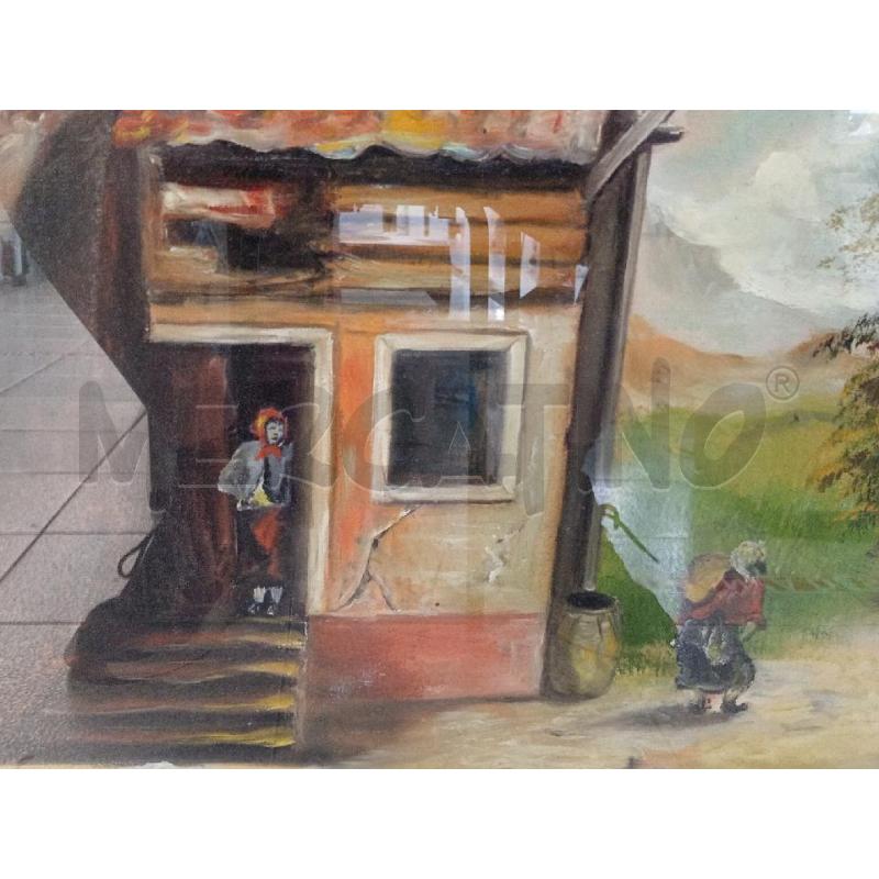 DIPINTO VECCHIO OLIO S/TELA ARTISTA BELTRAME LEONIDA VISTA CASEOLARE E PERSONAGGI C/GALLINELLE  | Mercatino dell'Usato Moncalieri bengasi 3
