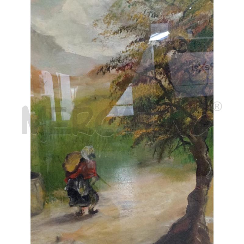 DIPINTO VECCHIO OLIO S/TELA ARTISTA BELTRAME LEONIDA VISTA CASEOLARE E PERSONAGGI C/GALLINELLE  | Mercatino dell'Usato Moncalieri bengasi 4