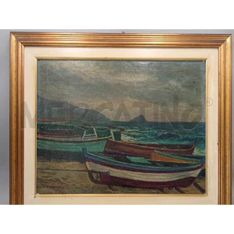 DIPINTO VECCHIO OLIO S/TELA ARTISTA GANDINI E. PAESAGGIO MARINO C/VISTA BARCHETTE FRONTALI | Mercatino dell'Usato Moncalieri bengasi 1
