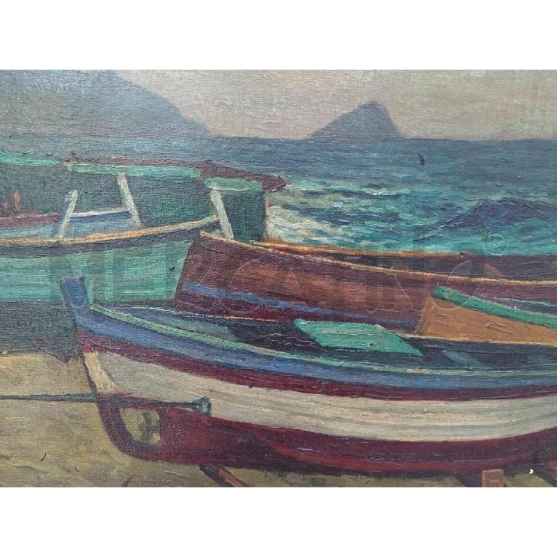 DIPINTO VECCHIO OLIO S/TELA ARTISTA GANDINI E. PAESAGGIO MARINO C/VISTA BARCHETTE FRONTALI | Mercatino dell'Usato Moncalieri bengasi 2