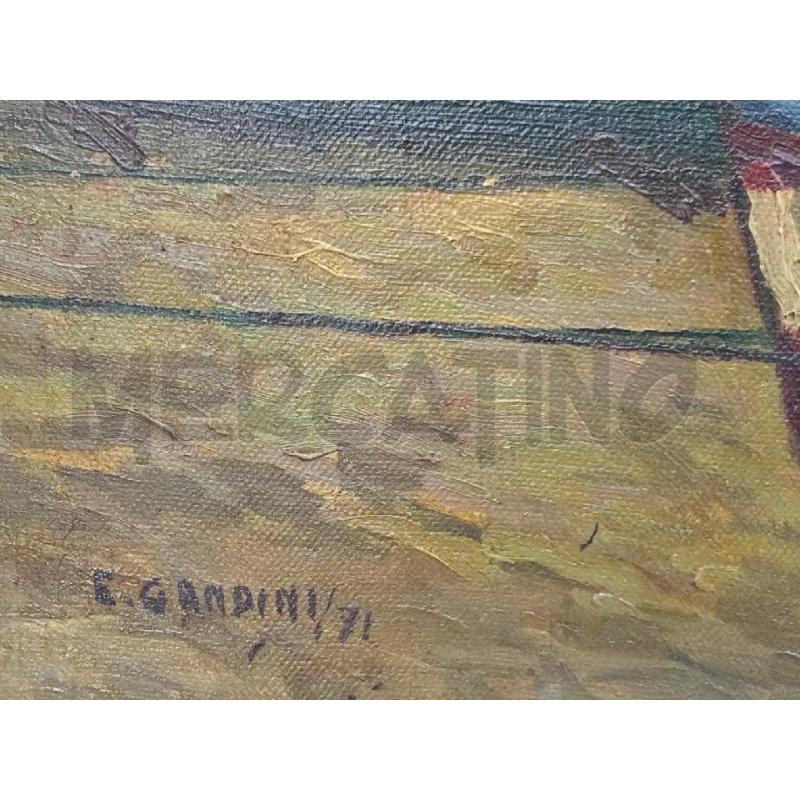 DIPINTO VECCHIO OLIO S/TELA ARTISTA GANDINI E. PAESAGGIO MARINO C/VISTA BARCHETTE FRONTALI | Mercatino dell'Usato Moncalieri bengasi 3