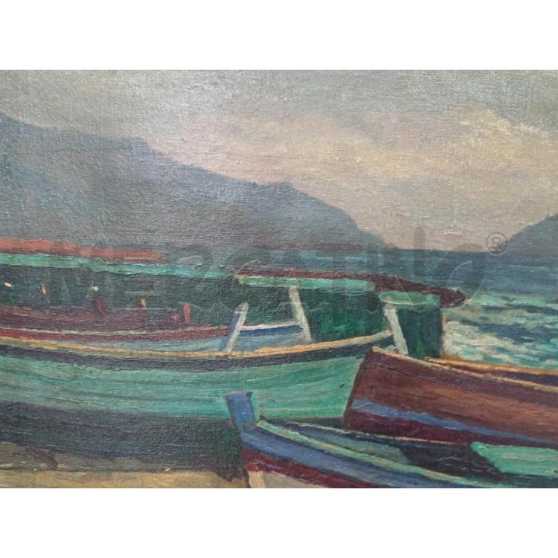 DIPINTO VECCHIO OLIO S/TELA ARTISTA GANDINI E. PAESAGGIO MARINO C/VISTA BARCHETTE FRONTALI | Mercatino dell'Usato Moncalieri bengasi 4