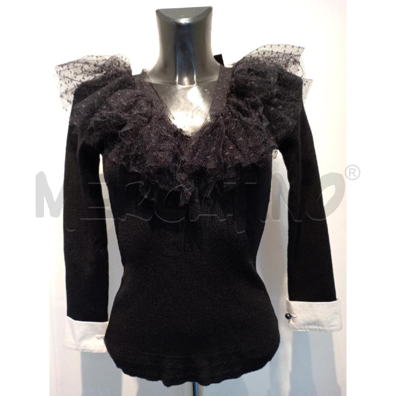 MAGLIA DONNA BLUMARINE NERA SCOLLO TULLE NERO POLSINI BIANCHI | Mercatino dell'Usato Moncalieri bengasi 1