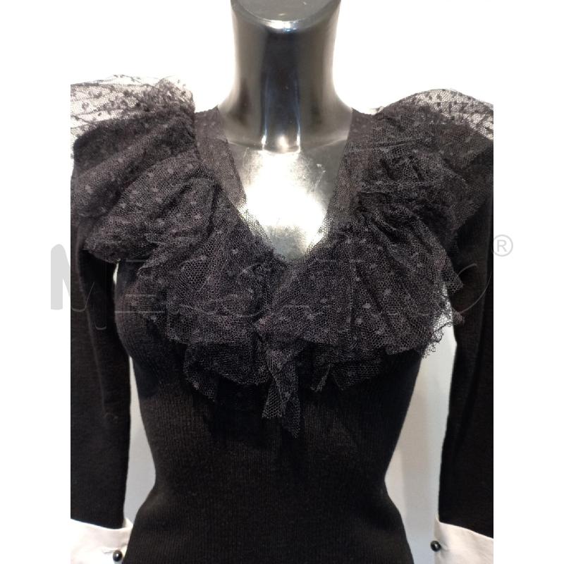 MAGLIA DONNA BLUMARINE NERA SCOLLO TULLE NERO POLSINI BIANCHI | Mercatino dell'Usato Moncalieri bengasi 3