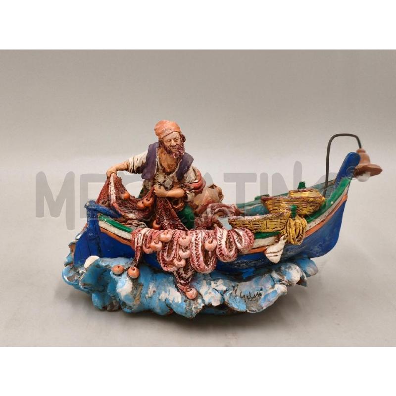 SCULTURA TERRACOTTA CALTAGIRONE BARCA CON PESCATORE E RETI CM 23 | Mercatino dell'Usato Moncalieri bengasi 1