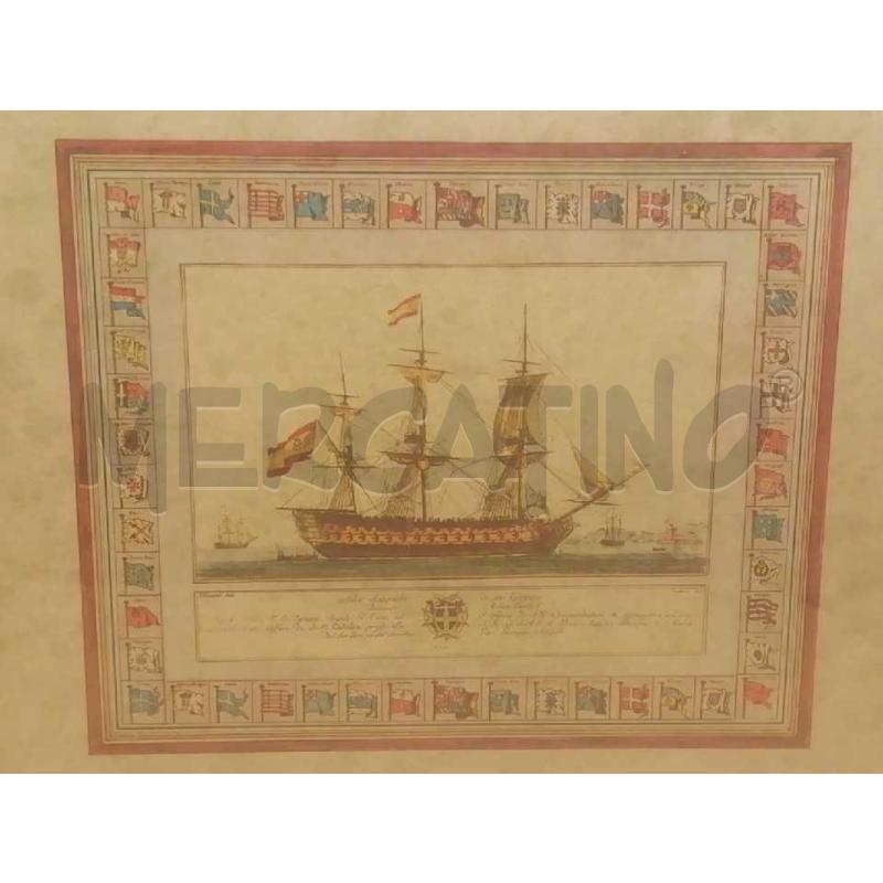 STAMPA VECCHIA VELIERO C/DECORAZIONE CORNICE BANDIERE  | Mercatino dell'Usato Moncalieri bengasi 2