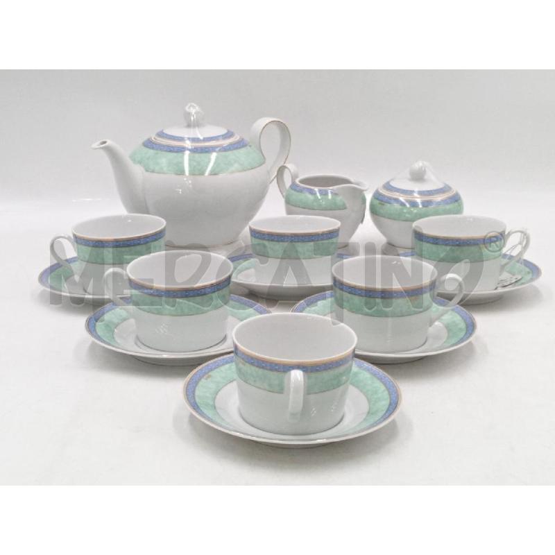 TAZZE PZ.6+3 CERAMICA BAVARIA EDIZIONE LE PERLE DECORO FASCIA VERDE E FIORI BLU  | Mercatino dell'Usato Moncalieri bengasi 1