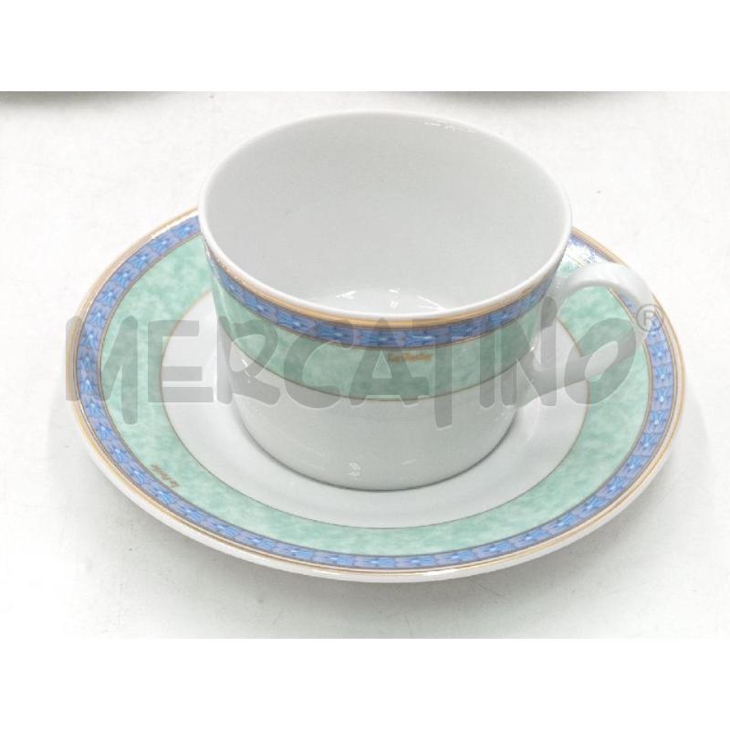 TAZZE PZ.6+3 CERAMICA BAVARIA EDIZIONE LE PERLE DECORO FASCIA VERDE E FIORI BLU  | Mercatino dell'Usato Moncalieri bengasi 2