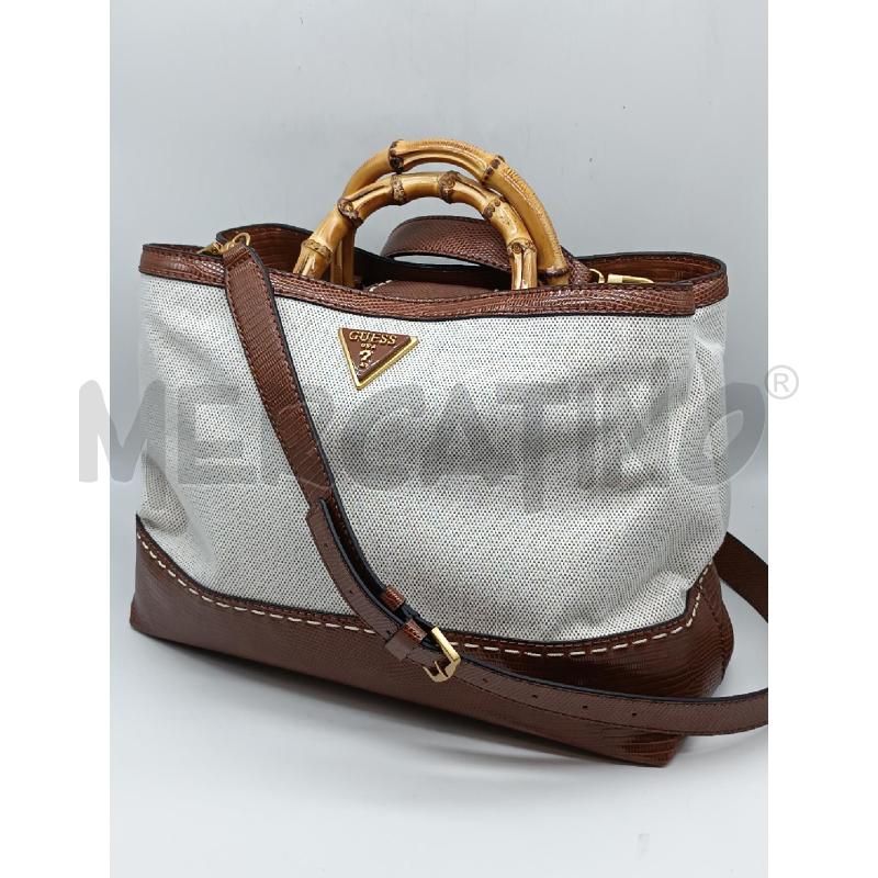 BORSA DONNA GUESS TESSUTO E T.PELLE MARRONE MANICI BAMBU | Mercatino dell'Usato Torino tenivelli 1