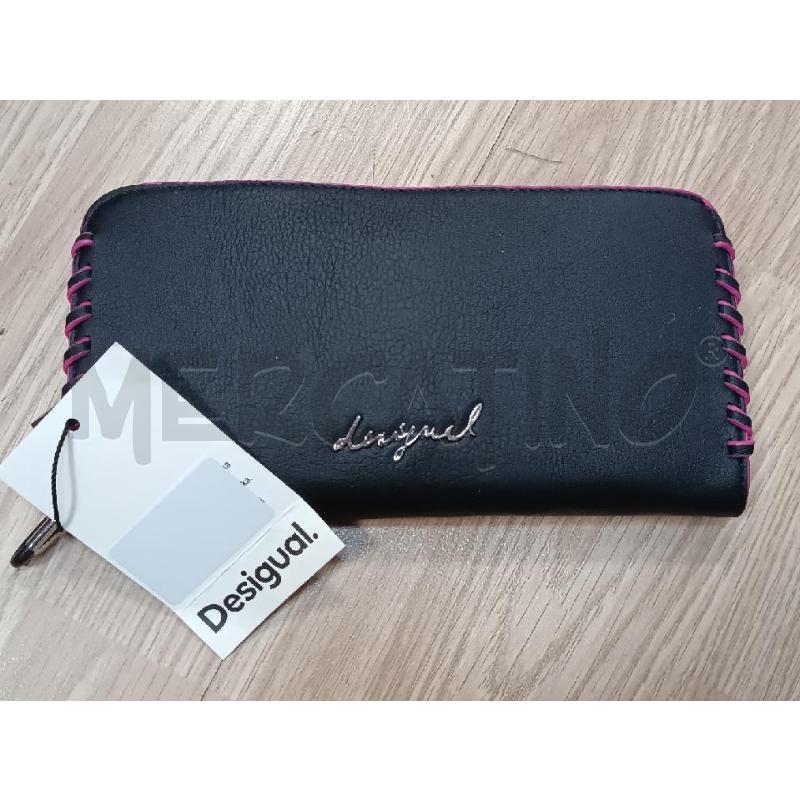 PORTA FOGLIO DESIGUAL ECOPELLE NERA INSERTI ROSA FUCSIA  | Mercatino dell'Usato Torino tenivelli 1
