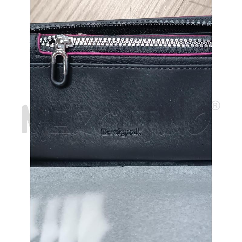 PORTA FOGLIO DESIGUAL ECOPELLE NERA INSERTI ROSA FUCSIA  | Mercatino dell'Usato Torino tenivelli 3