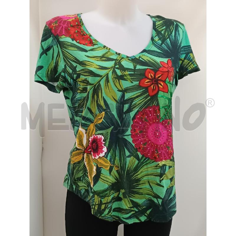 T SHIRT DONNA DESIGUAL VERDE FLOREALE ROSSA ROSA | Mercatino dell'Usato Torino tenivelli 1