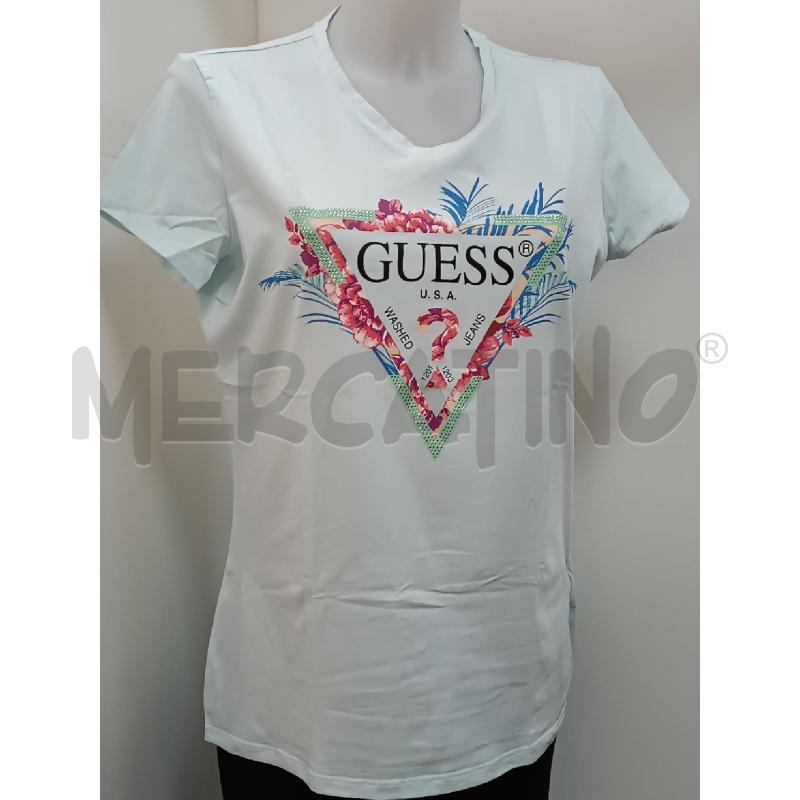 T SHIRT DONNA GUESS AZZURRA TRIANGOLO FLOREALE DAVANTI | Mercatino dell'Usato Torino tenivelli 1