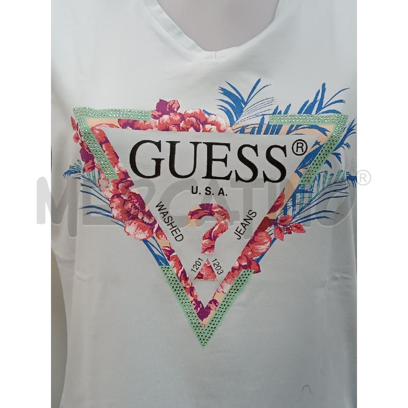 T SHIRT DONNA GUESS AZZURRA TRIANGOLO FLOREALE DAVANTI | Mercatino dell'Usato Torino tenivelli 2