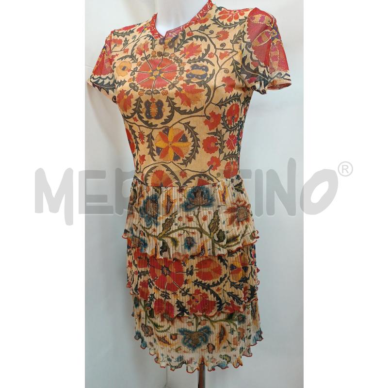 VESTITO DONNA DESIGUAL BEIGE FLOREALE ROSSO BLU 1/2 MANICA GONNA PLISSE  | Mercatino dell'Usato Torino tenivelli 1
