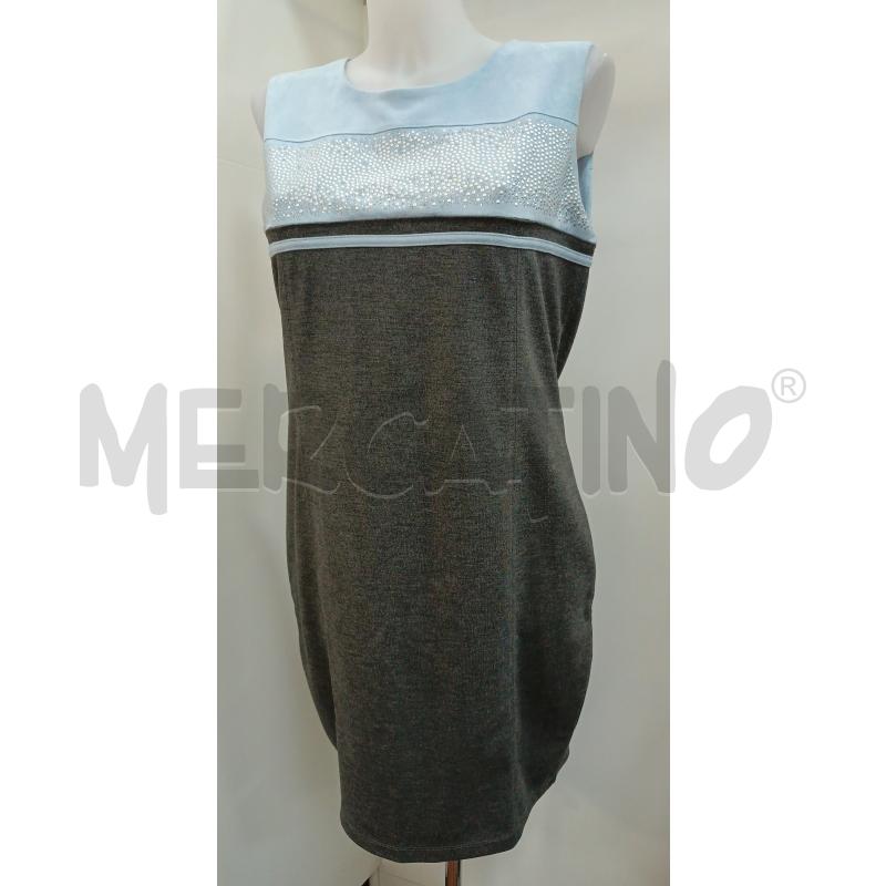 VESTITO DONNA FUEGO GRIGIO SPALLE AZZURRO EFFETTO SCAMOSCIATO CON STRASS E BORCHIE SMANICATO  | Mercatino dell'Usato Torino tenivelli 1