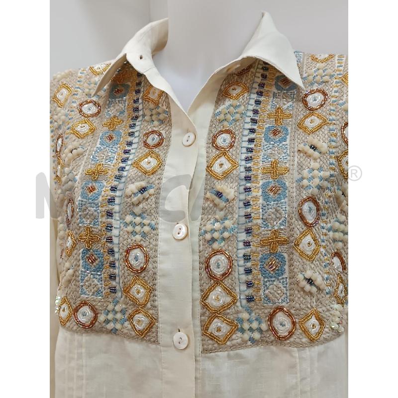 VESTITO DONNA LUISA SPAGNOLI BEIGE IN LINO E PERLINE STRASS MULTICOLORI | Mercatino dell'Usato Torino tenivelli 2