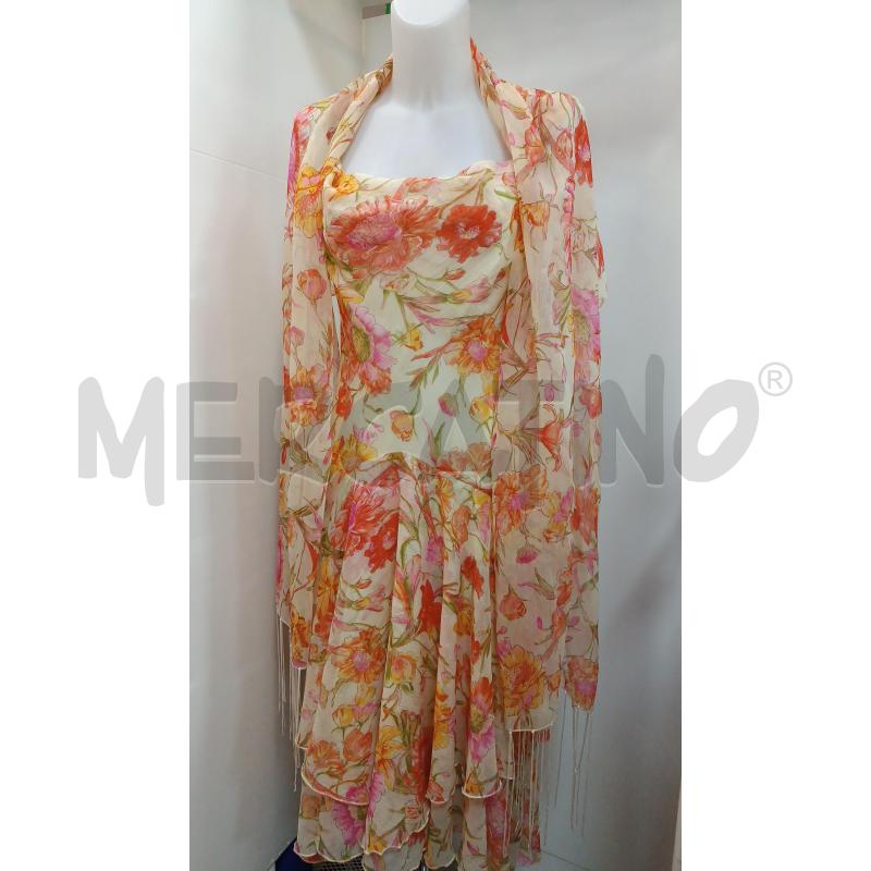 VESTITO DONNA MYSTERY BEIGE FLOREALE ARANCIONE ROSSO A VOLLANT + SCIALLE  | Mercatino dell'Usato Torino tenivelli 1