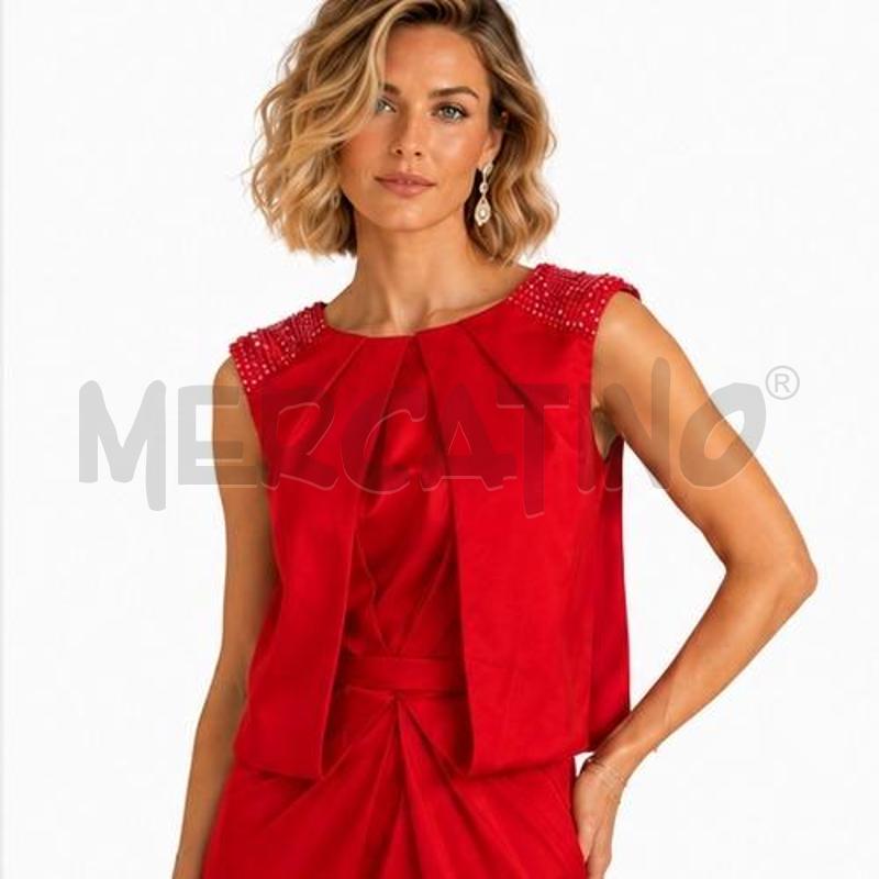 VESTITO DONNA NO MARCA LUNGO ROSSO RASO DA CERIMONIA PERLINE SPALLE  | Mercatino dell'Usato Carmagnola 3