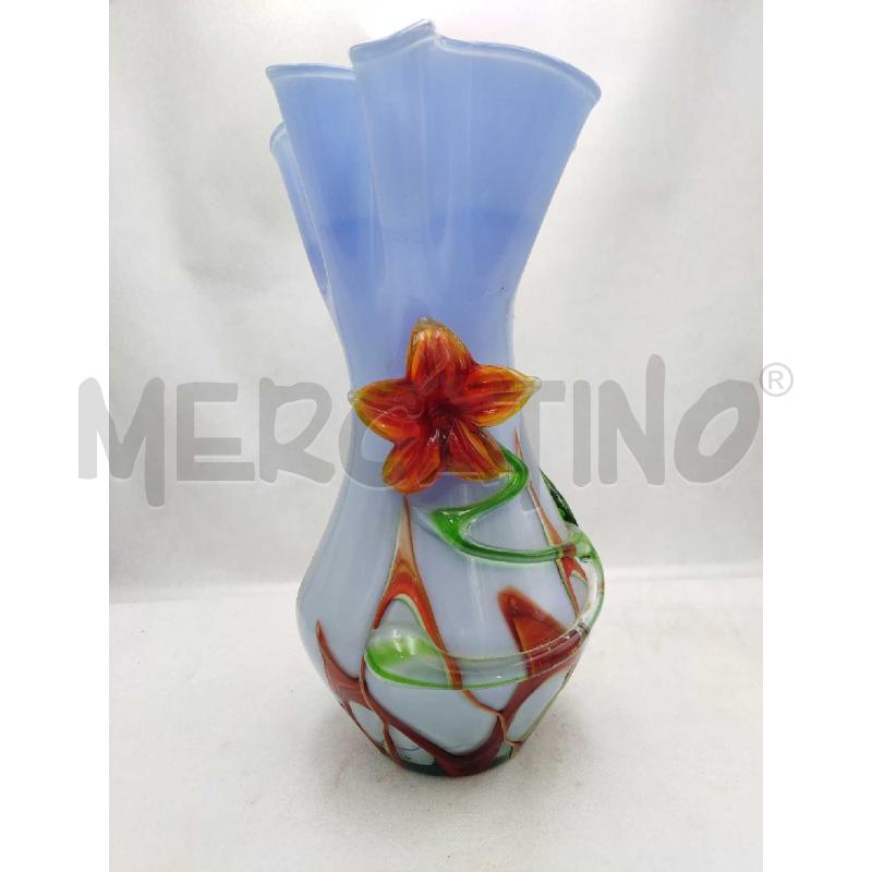 VASO VETRO SOFFIATO BLU FIORE ROSSO  | Mercatino dell'Usato Settimo torinese 1