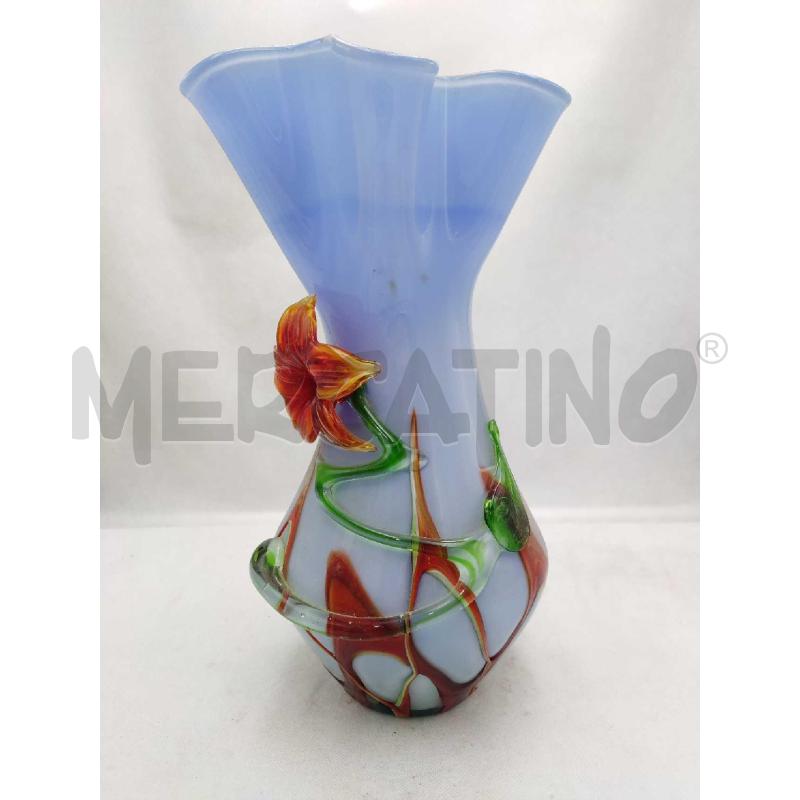 VASO VETRO SOFFIATO BLU FIORE ROSSO  | Mercatino dell'Usato Settimo torinese 2